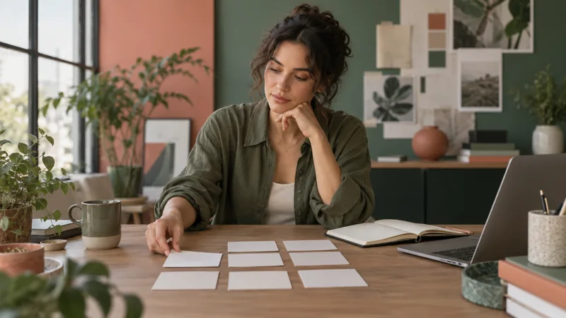 A founder compares blank business-name cards beside a notebook while building a first shortlist