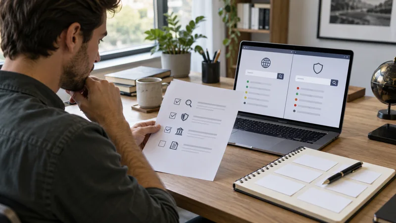 A founder reviews a business-name screening checklist beside generic domain and trademark search interfaces