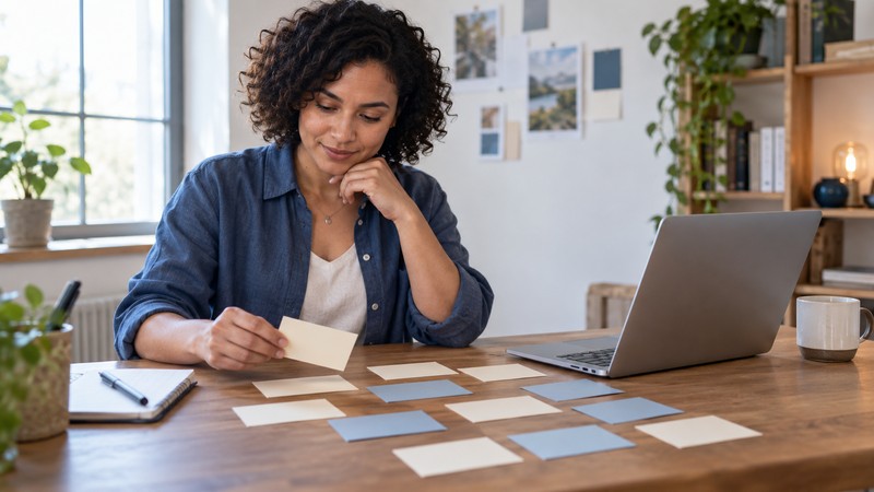 A founder sorting blank word cards beside a laptop while developing a focused naming brief
