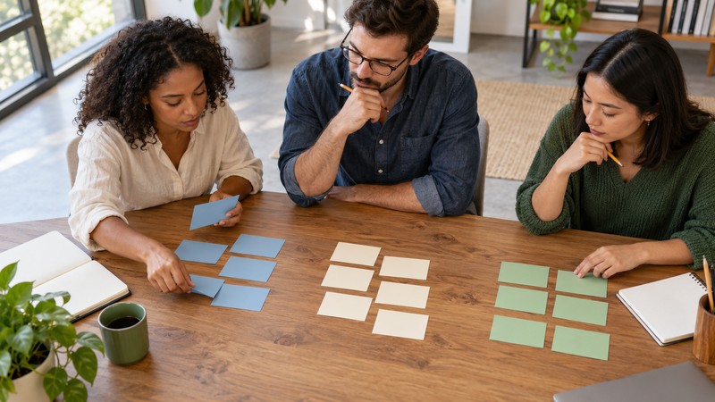 A small creative team grouping blank naming cards into distinct brand directions on a table