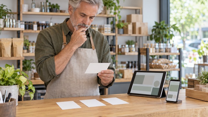 A small-business owner comparing a short name list with a tablet and phone before registration and trademark checks