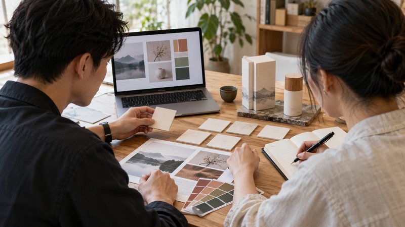 Two brand strategists reviewing packaging, blank naming tiles, and visual references at a studio table