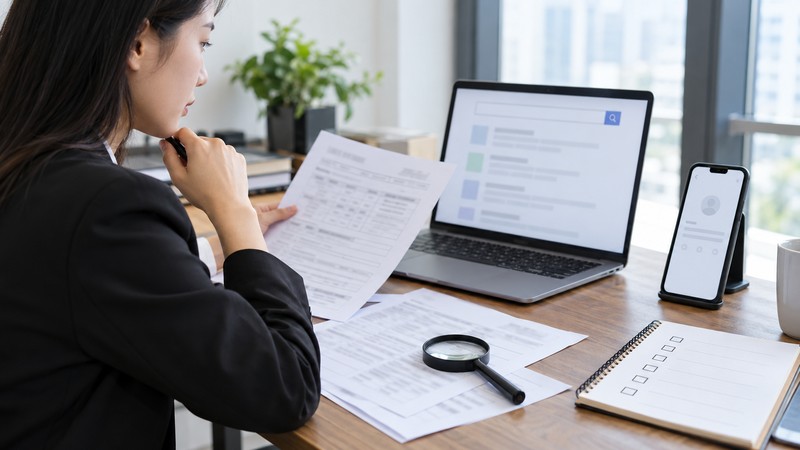 A professional comparing search results, filing papers, a phone profile, and a blank checklist before launch