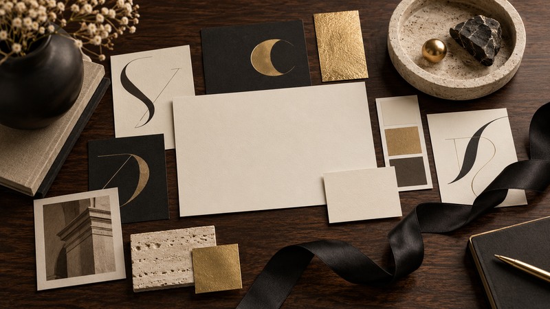 Luxury brand naming moodboard with blank stationery, gold accents, stone, and black ribbon