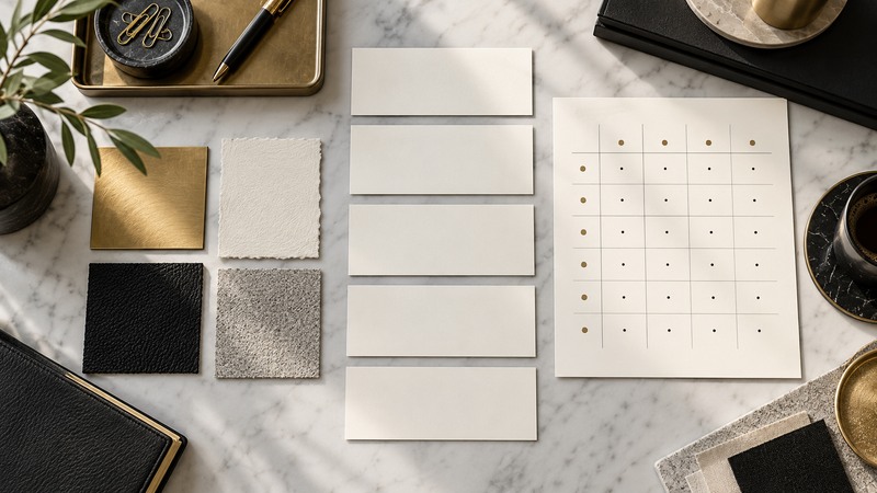 Blank business name cards beside a structured comparison grid and premium material samples