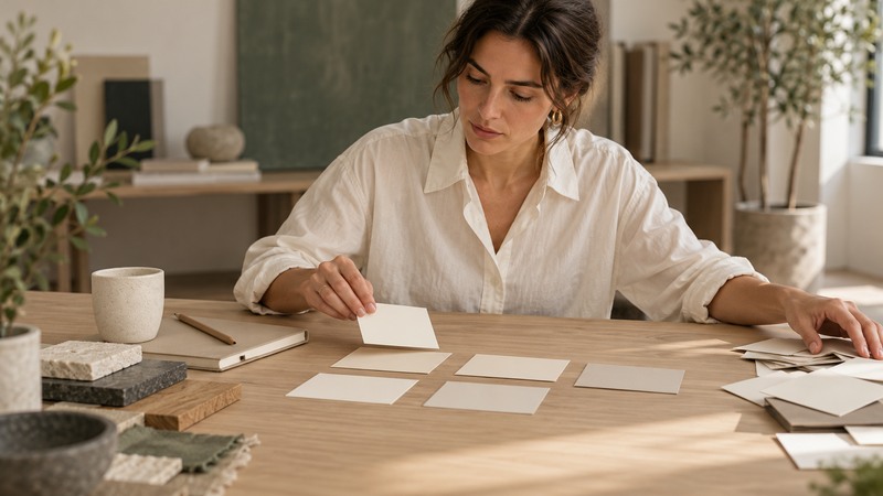 Brand strategist arranging blank neutral name cards into a simple shortlist