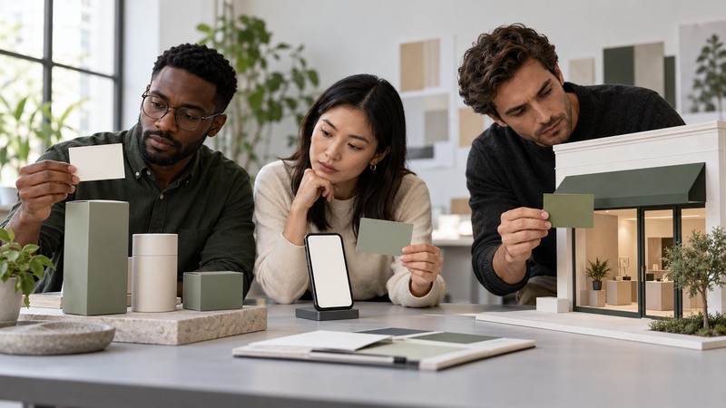 Small team testing three blank brand cards across phone packaging and storefront mockups